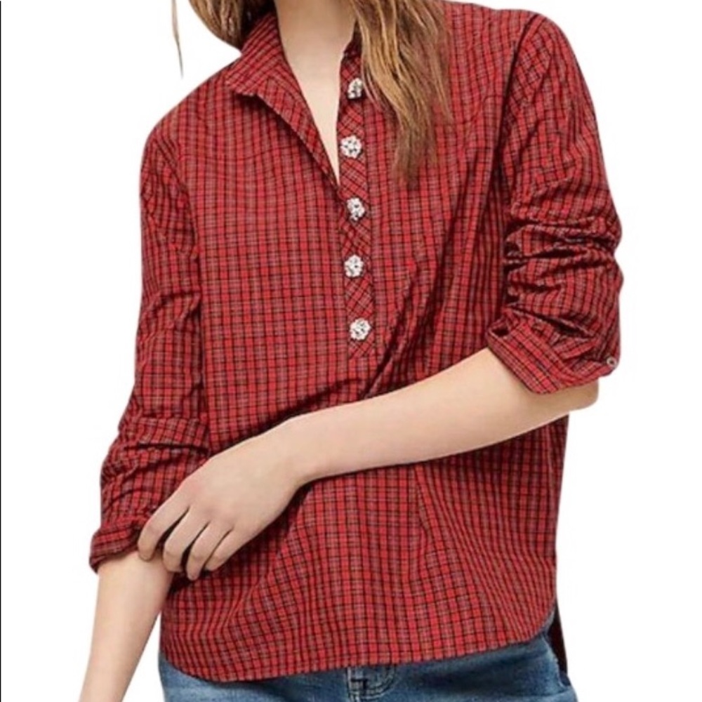 J Crew Red Plaid Jeweled Button Popover Tunic Top